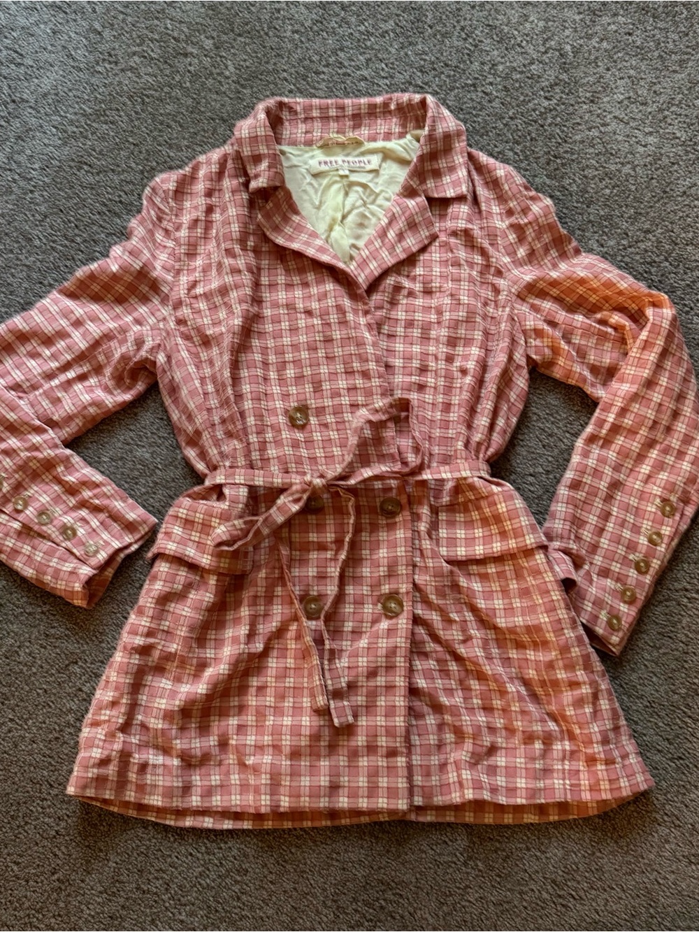 Free People Pink Plaid Belted Trench Jacket